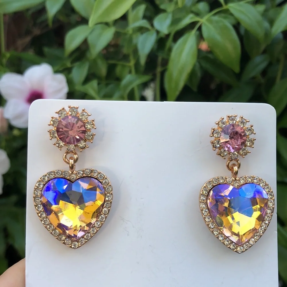 Pink + Purple Crystal Heart Halo Drop Earrings